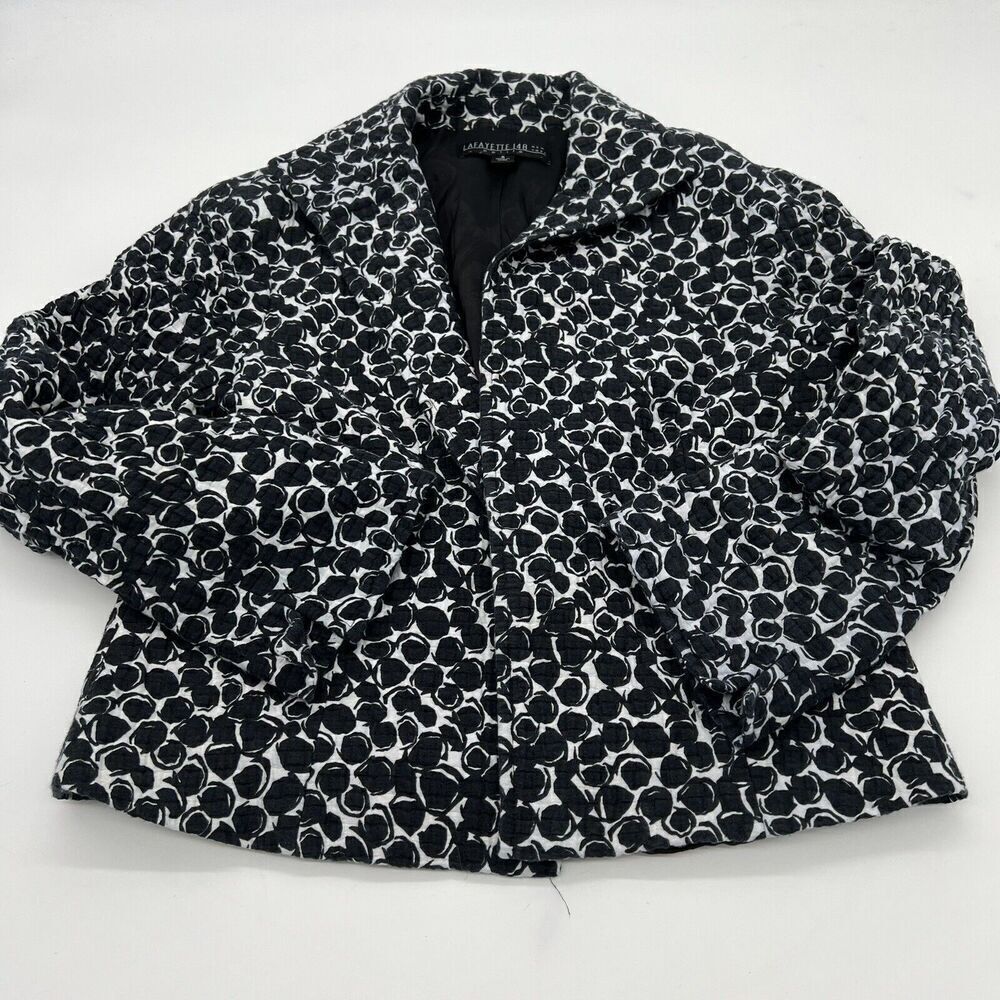Lafayette 148 Jacket Blazer Size 8P Black White Polka Dot Textured Cotton Blend